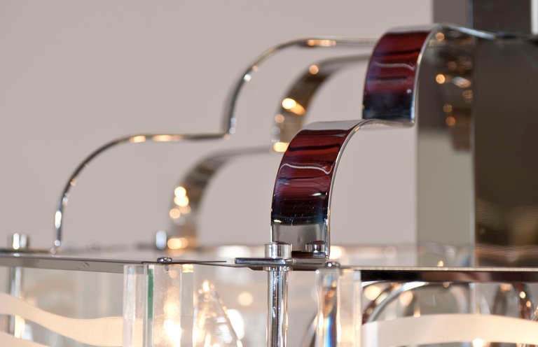 American Fredrick Ramond Chrome and Etched Glass 8 Light Chandelier For Sale