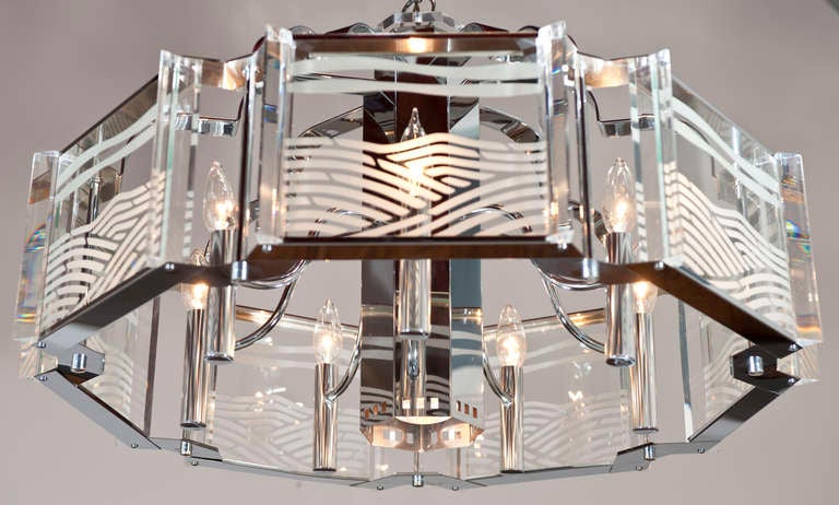20th Century Fredrick Ramond Chrome and Etched Glass 8 Light Chandelier For Sale