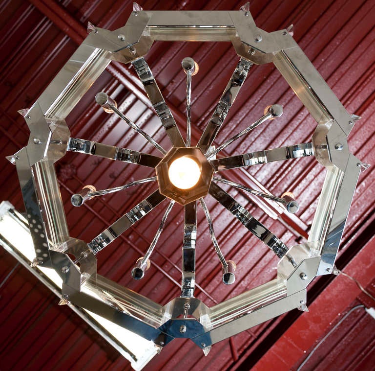 Fredrick Ramond Chrome and Etched Glass 8 Light Chandelier For Sale 2