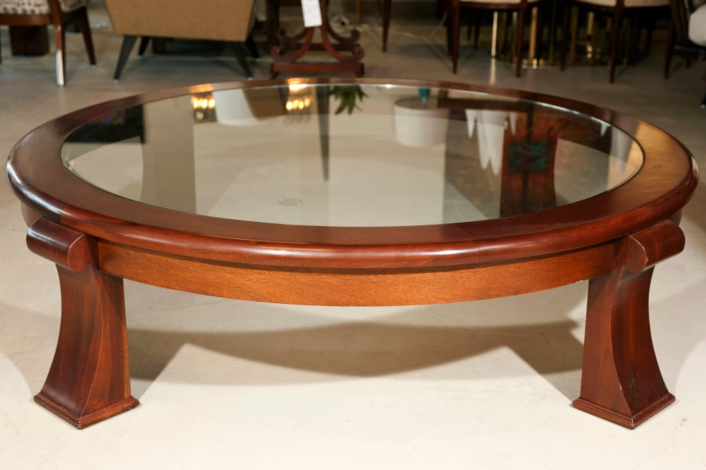 Large Scale 60" Round Mahogany Glass Top Coffee Table