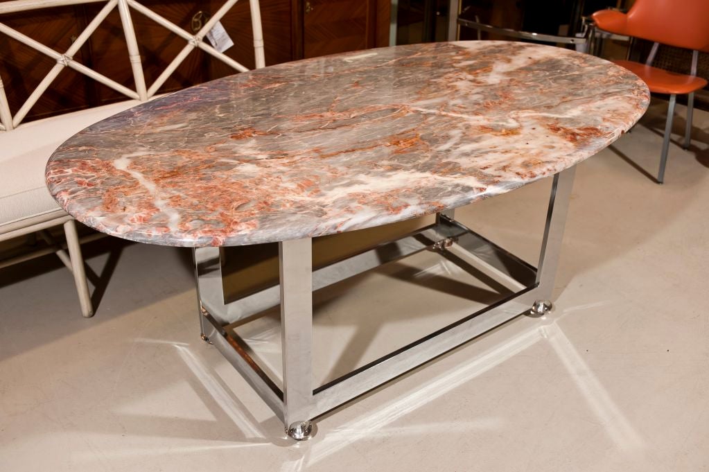 Oval Marble Top Chrome Dining Table.