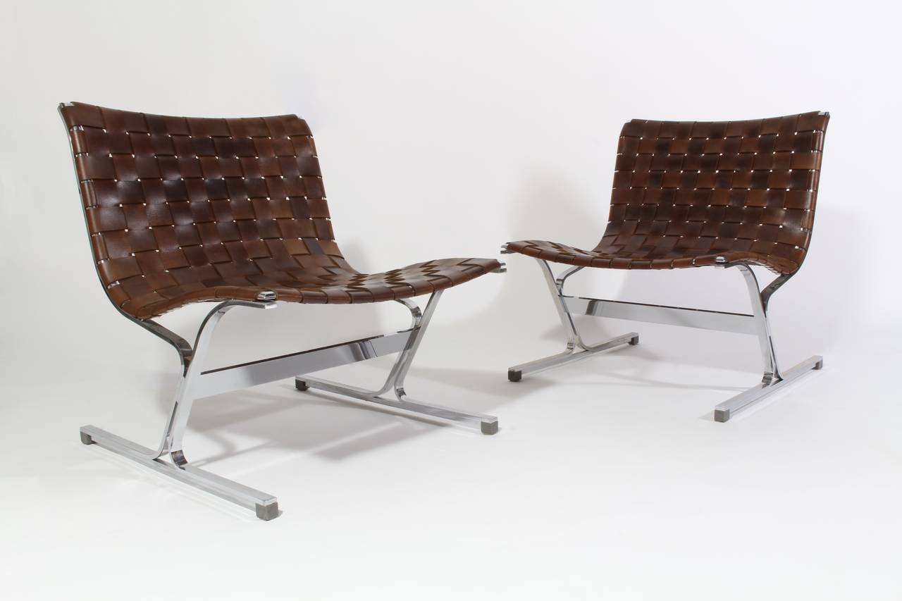 Ross Littell.
Pair of PLR 1 lounge chairs.
Italy, circa 1968.
Manufactured by ICF.
Stainless steel, leather.
26 W x 26 D x 29 H inches.