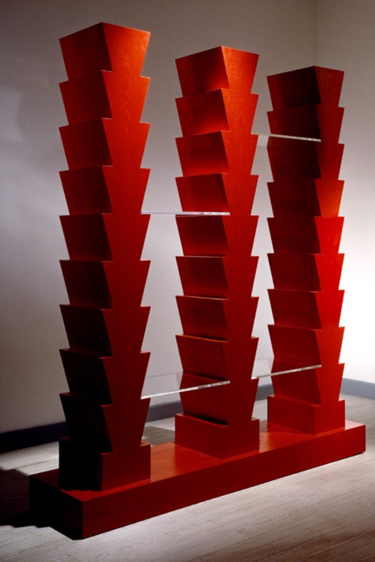 Ettore Sottsass
Adesso Pero Bookcase from the Ruins Series. Signed with applied manufacturer's label: [Design Gallery Milano Ettore Sottsass 1992 Made in Italy].
Italy, 1992
Manufactured by Design Gallery
stained plywood, glass
63 w x 19.75 d x
