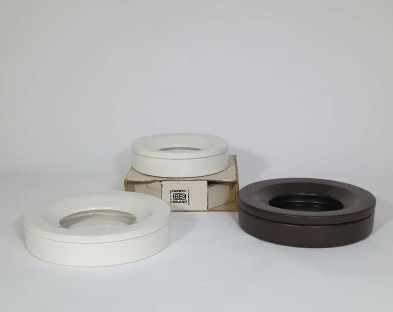 Angelo Mangiarotti
Barbados Ashtrays
available individually or as set of brown, white, and smaller in white
Italy, 1964
Manufactured by Danese Milano
ceramic
10 d x 2 h inches ($325.00)
8 d x 2 h inches