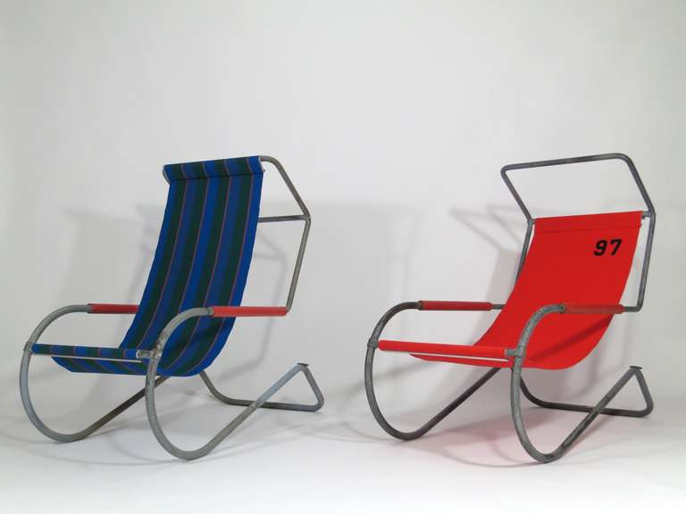 Battista and Gino Giudici 
Pair of Deck Chairs from Lido Swimming Club
Switzerland, c. 1945
Manufactured by Fratelli Giudici Locarno
galvanized steel, canvas and rubber
42 w x  22 d x 39 h inches