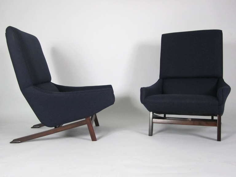 Gianfranco Frattini.  Pair of lounge chairs, Model #880.  Italy, circa 1959.  Cassina.  Rosewood and upholstery.