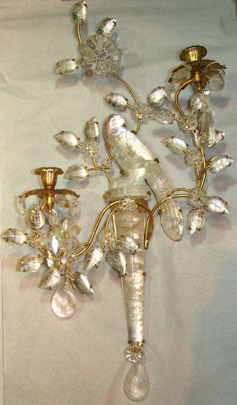 Rococo Set of Four Rock Crystal Bird Sconces For Sale