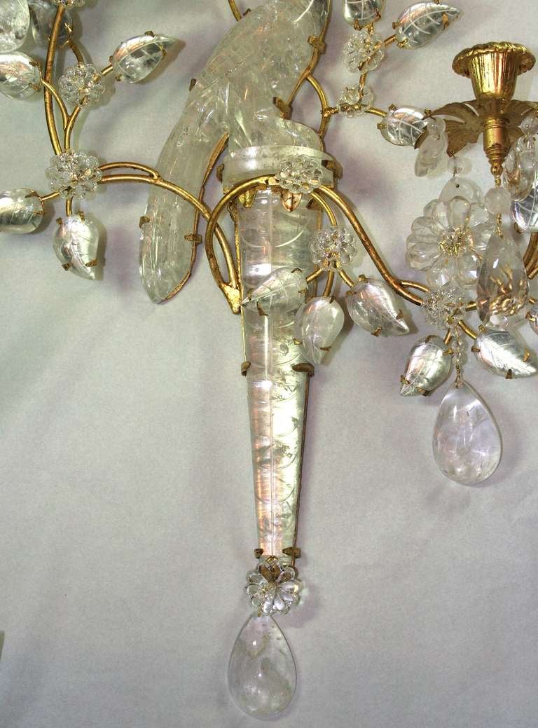 French Set of Four Rock Crystal Bird Sconces For Sale