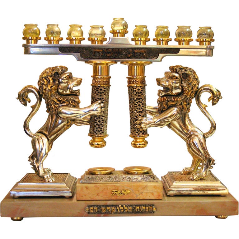 Lions of Judah Candlesticks and Channukia by Frank Meisler