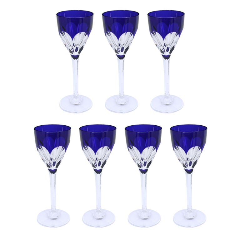 Set of 7 Saint Louis Bristol Blue Hock Wine Glasses