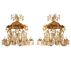 Pair of Rock Crystal and Gilt Metal 6 Arm Chandeliers