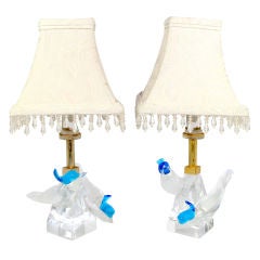 Vintage Pair of Rare Lalique Crystal Blue Jay Lamps