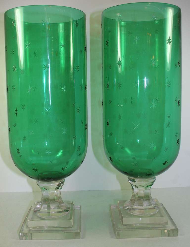 Fabulous Pair of Green Glass Hurricanes