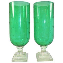 Vintage Fabulous Pair of Green Glass Hurricanes