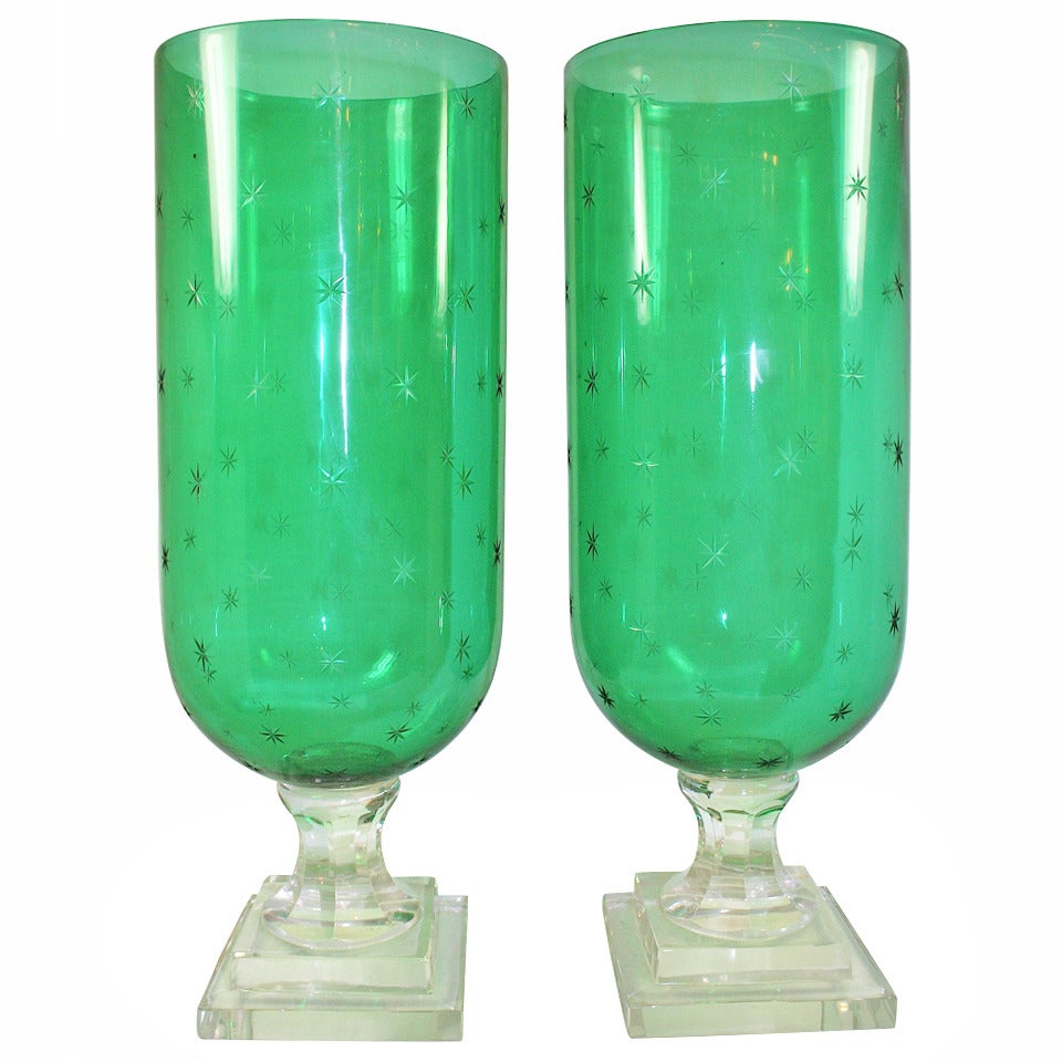 Fabulous Pair of Green Glass Hurricanes For Sale