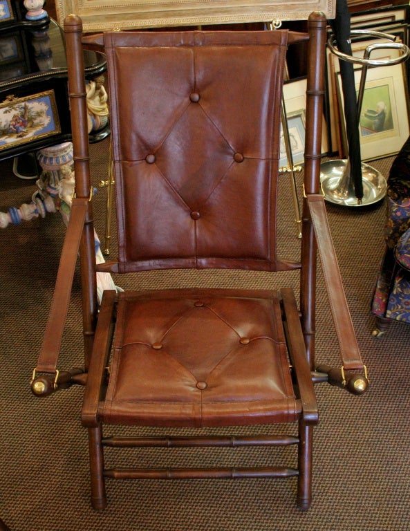 English Pair Of Faux Bambo Leather Campaign Chairs