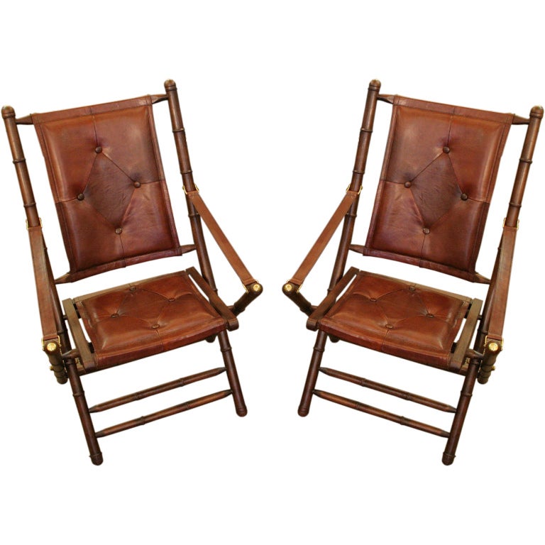 Pair Of Faux Bambo Leather Campaign Chairs