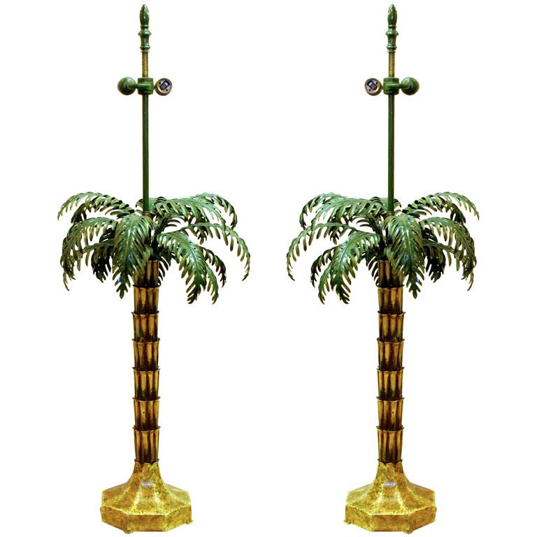 Pair of Mid Century Tole Palm Tree Lamps For Sale