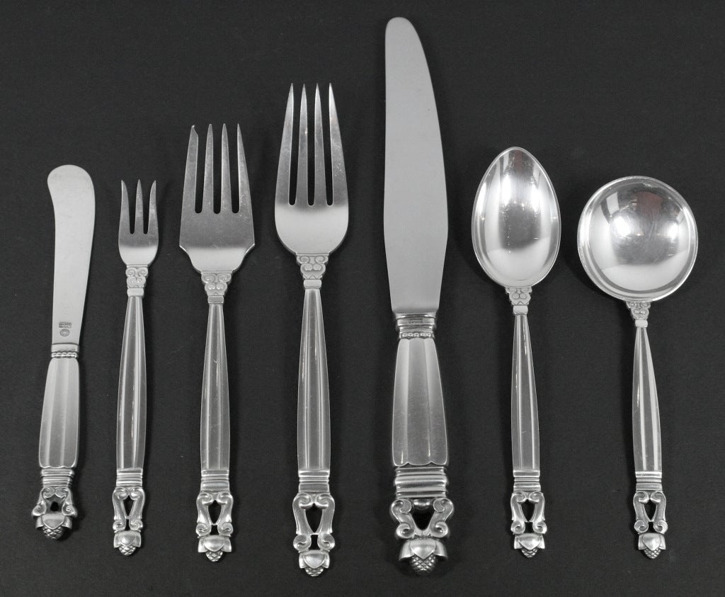 Georg Jensen sterling silver flatware set in the acorn pattern.
This set consist of:

12 Butter Knives 5 7/8