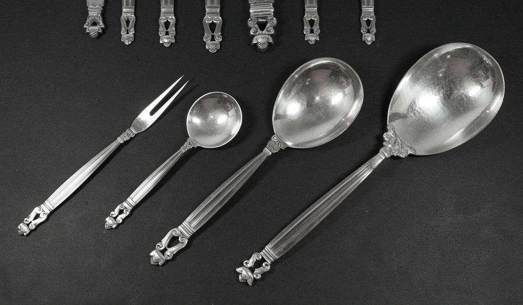 Danish Georg Jensen Acorn Sterling Silver Flatware Service for Twelve