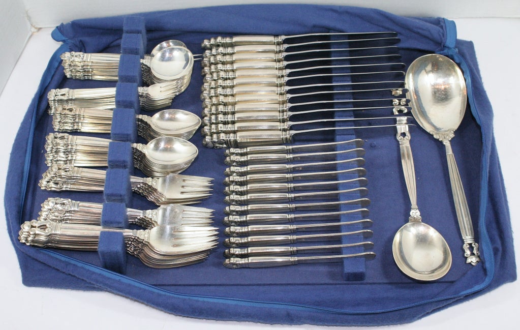 Georg Jensen Acorn Sterling Silver Flatware Service for Twelve In Excellent Condition In New York, NY
