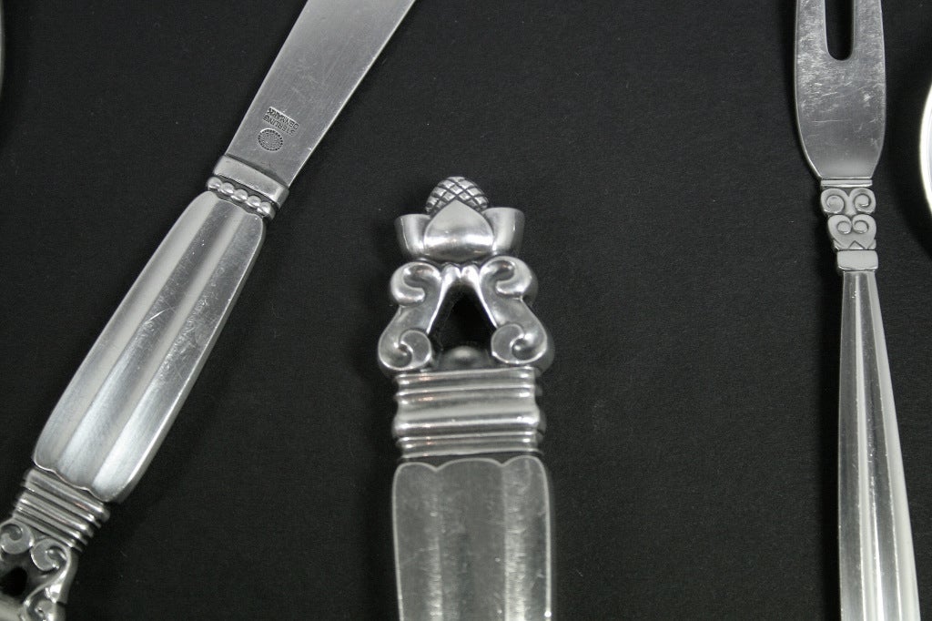 20th Century Georg Jensen Acorn Sterling Silver Flatware Service for Twelve