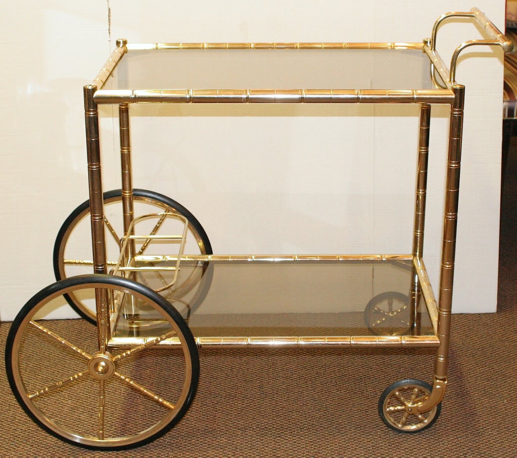 Vintage Faux Bamboo Brass Bar Cart In Excellent Condition In New York, NY