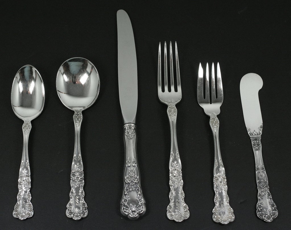 Gorham Sterling Silver 6 piece service for 12 in the Buttercup Pattern.  Monogrammed “S”. 
96 troy ounces total weight.

Set includes:
12 Modern Hollow Knives 8-¾”
12 Forks 7”
12 Salad Forks 6-¼”
12 Soup Spoons 6-1/8”
12 Teaspoons 5-¾”
12