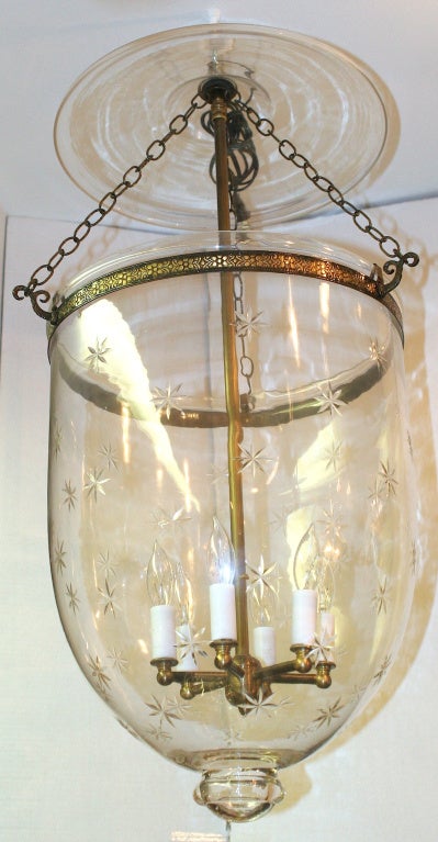 Star etched hand blown glass bell jar with glass knob with brass fittings.  Wired and ready for installation