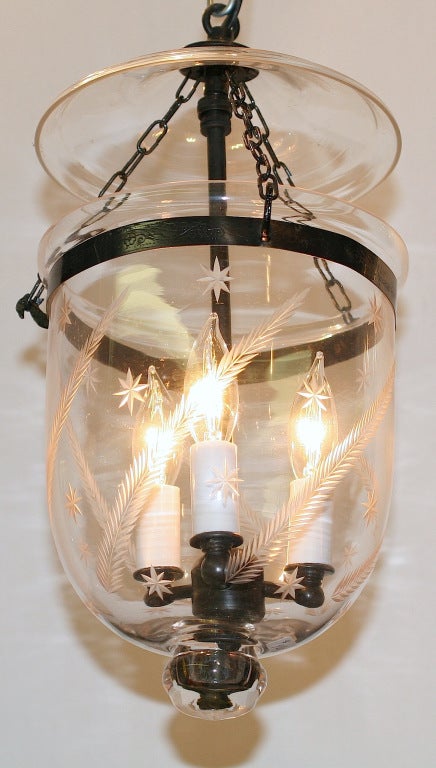 Wheat and star etched hand blown glass bell jar with glass knob and brass fittings.  Wired and ready for installation.