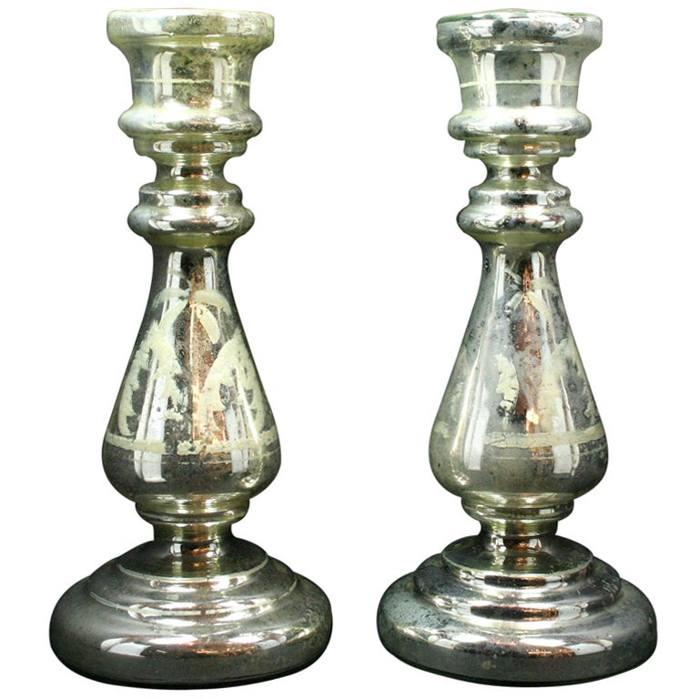 Pair of Mercury Glass Candlesticks For Sale