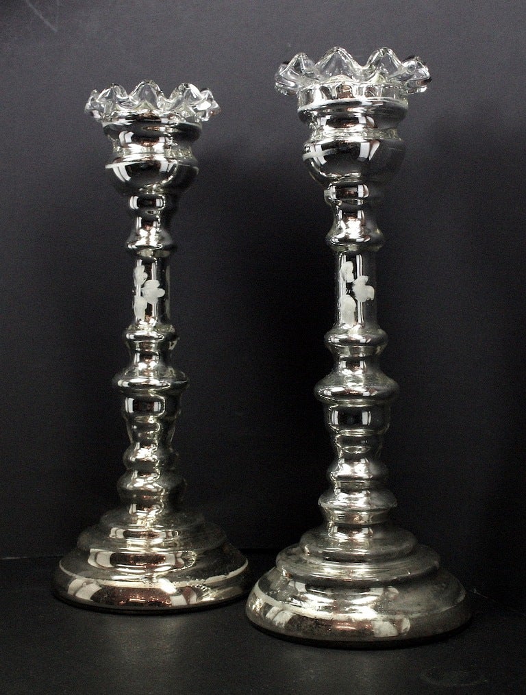 American Pair of Mercury Glass Candlesticks For Sale