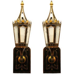 Superb Pair of Tole & Etched Glass Lantern Sconces