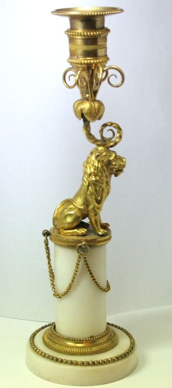Pair of Gilded Bronze Lions on Marble Column Base Candlesticks