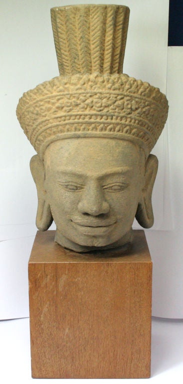 Cambodian Early Khmer Style Sandstone Head of Avalokiteshvara or Vishnu
