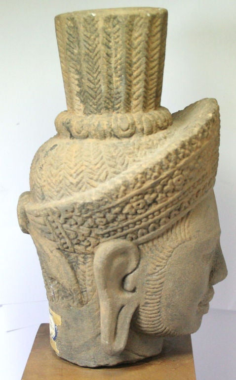 18th Century and Earlier Early Khmer Style Sandstone Head of Avalokiteshvara or Vishnu