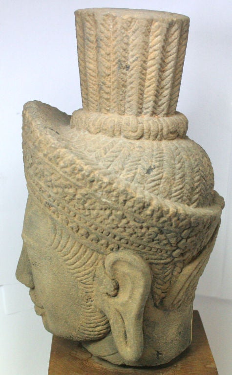 Early Khmer Style Sandstone Head of Avalokiteshvara or Vishnu 1