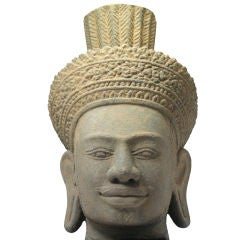 Early Khmer Style Sandstone Head of Avalokiteshvara or Vishnu