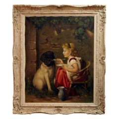 Oil on Canvas of Girl Feeding Milk to Dog Signed Sideris