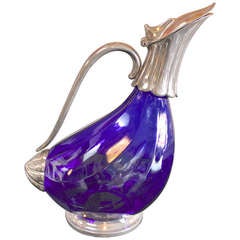 Art Nouveau Silver Plate and Blue Glass Decanter