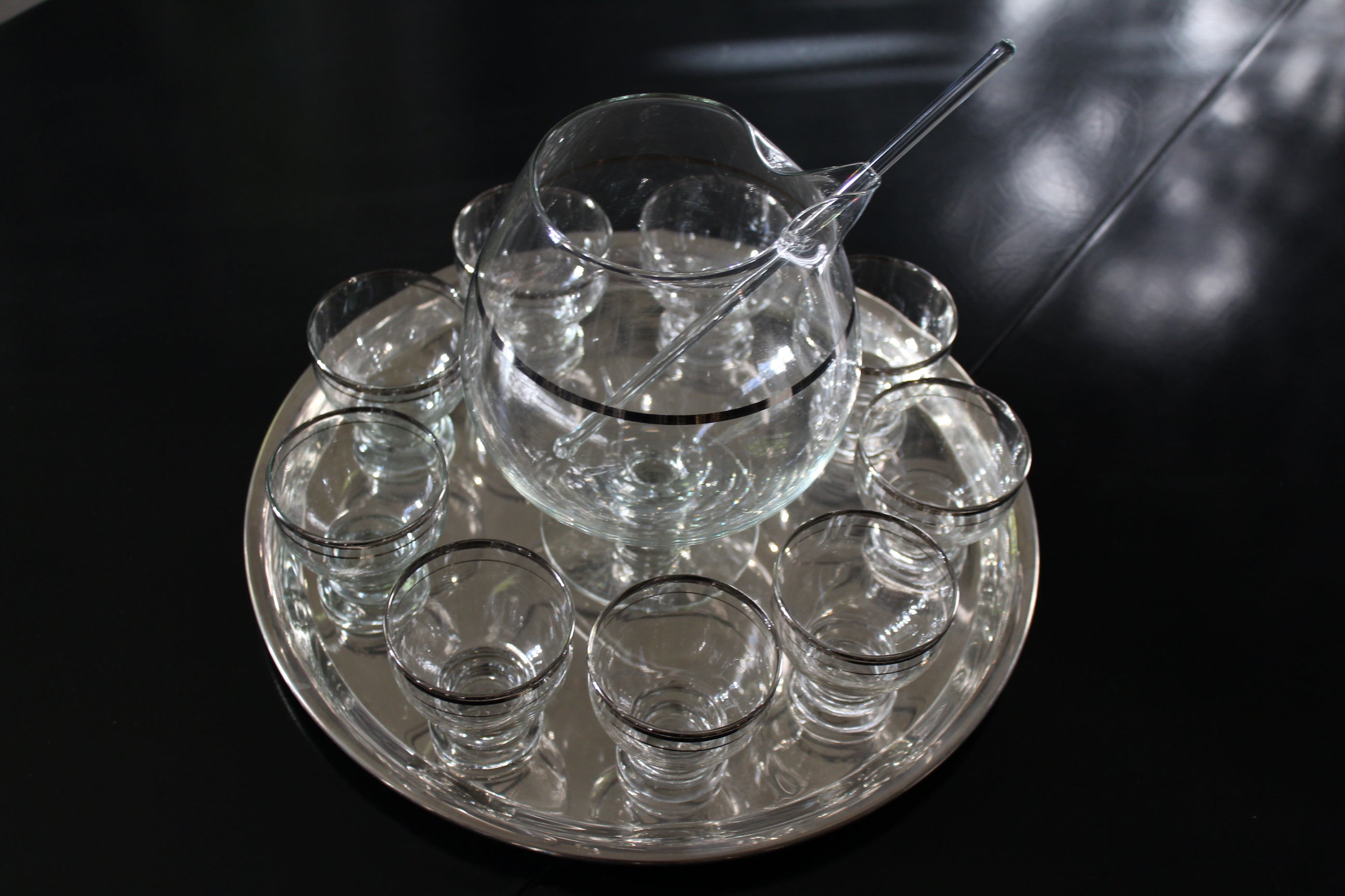 Martini Set Consisting of Pitcher, Tray, Nine Glasses and Stirrer