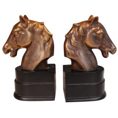 Pair Brass Horse Head Bookends On Black Wooden Base
