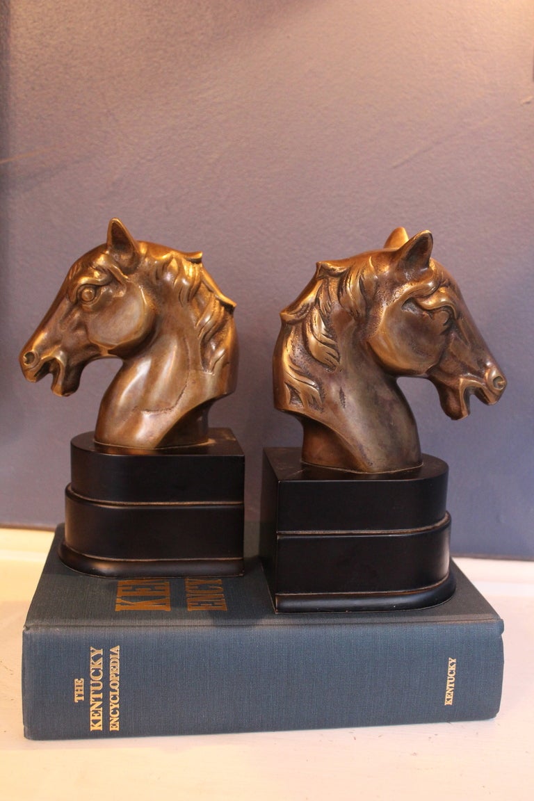 American Pair Brass Horse Head Bookends On Black Wooden Base