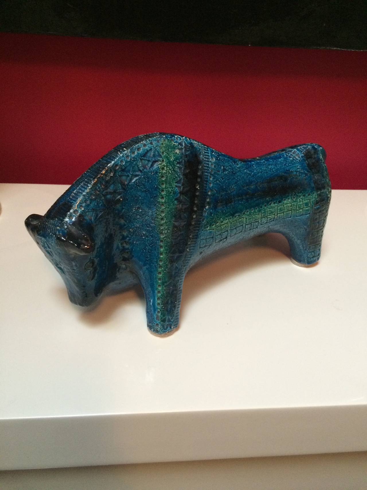 Exceptional Bitossi Raymor bull in blue color and unique style, great for any mid-century collector.