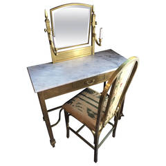 Maison Jansen Vanity Marble Top and Brass Sconces with Matching Chair
