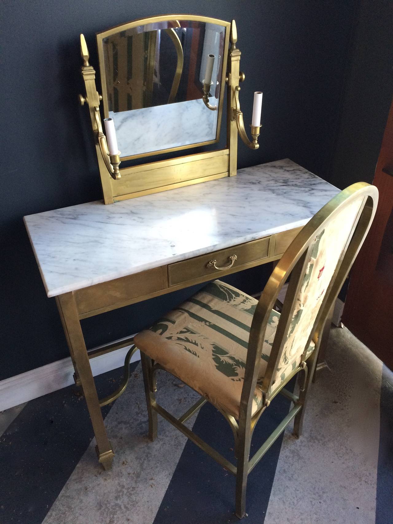 Maison Jansen Vanity Marble Top and Brass Sconces with Matching Chair