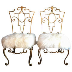Pair of Jean-Charles Moreux Wrought Iron Chairs with Mongolian Fur Cushions
