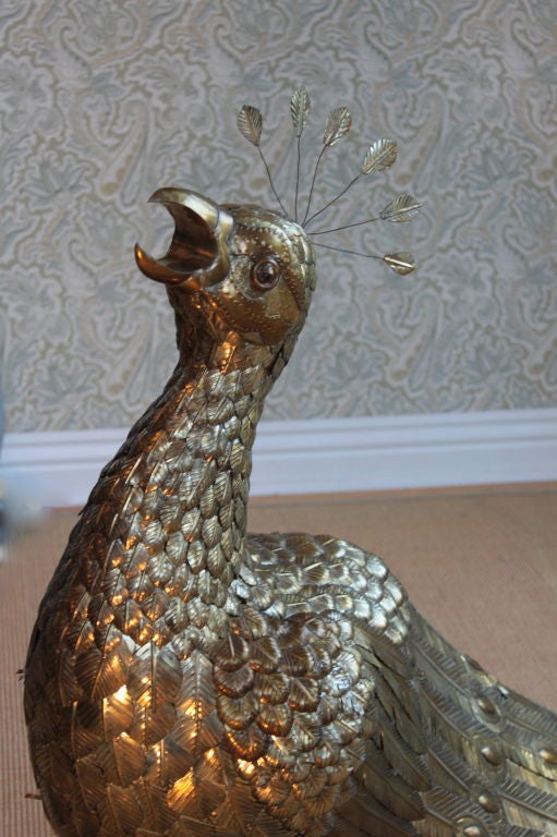 Very large brass sculpture signed and numbered by Sergio Bustamante, Male Peacock, very intricate detail, female also available. Measures: 55