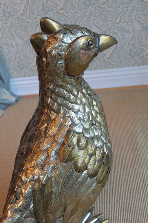 Very large brass sculpture signed by Sergio Bustamante, female peacock, very intricate detail, male also available. Measures: 52