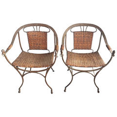 Wrought Iron Armchairs with Distressed Leather Caning